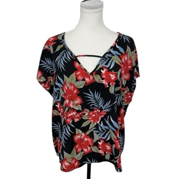SHEIN Curve Floral Top Blouse Plus 1XL Bold Flowers Neck Detail Flowy Summer - Picture 1 of 12